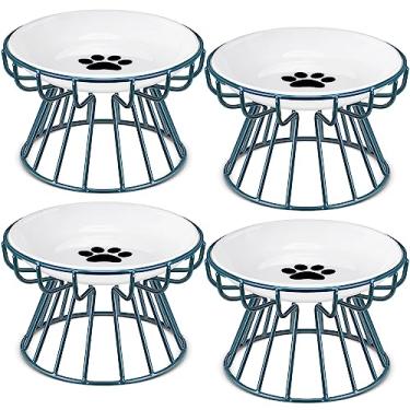 Imagem de Roshtia 4 conjuntos de tigelas elevadas de cerâmica para gatos com suporte de metal para lava-louças, pratos antiderrapantes para alimentos elevados (verde, pata)