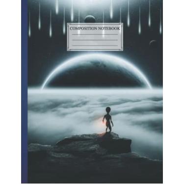 Imagem de Composition NoteBook : Alien in Space | 8.5 x 11 In | 110 Pages College Ruled Universe Galaxy Planet Art Nouveau Design, Stylish School With Funny Love Flower, Gift For Children Art Lover