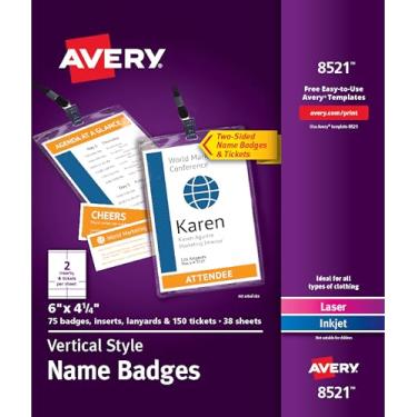 Imagem de Avery Emblemas de nome personalizáveis, 15,24 cm x 10,8 cm, 75 suportes de crachá verticais com cordões, inserções de etiqueta de nome para impressão com ingressos (8521)