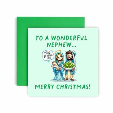 Imagem de Huxters Cartões de Natal para homens - Peas be with you Mary Jesus Christmas Funny Christmas Card for him Nephew - Cartão engraçado de dia de Natal para diversão de melhor amigo - 14,8 cm (Sobrinho)