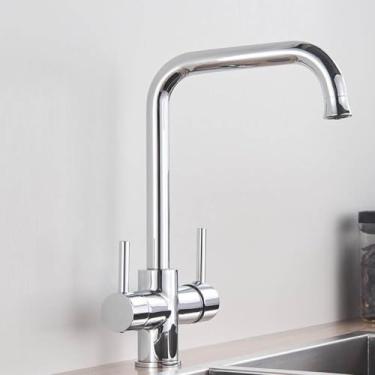 Imagem de Torneira de cozinha de água purificada de níquel escovado com duas alças e torneira misturadora quente e fria, torneira de filtro de água pura de latão cromado, torneira cromada