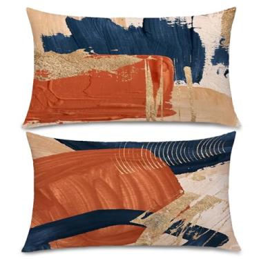Imagem de Supwhd Conjunto de 2 capas de almofada azul marinho terracota ouro e laranja, 30 x 50 cm, arte abstrata moderna boho para quarto, sala de estar, decoração de casa moderna, decoração de quarto boho