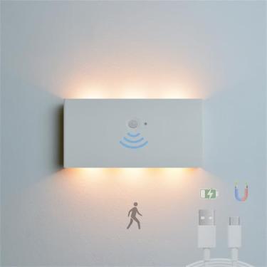 Imagem de Luminária de parede interna LED sem fio com sensor de movimento, arandelas de parede, recarregável por USB, alimentada por bateria, iluminação noturna magnética para loft, escada, sala de es
