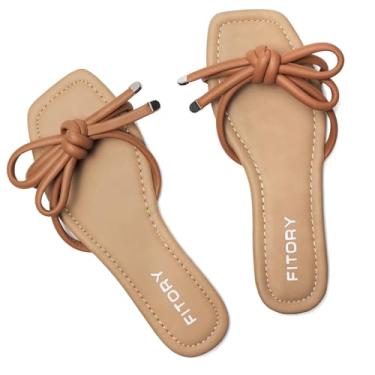 Imagem de FITORY Sandália feminina rasteira quadrada aberta com nó fofo para o verão tamanho 6-11, Marrom, 40