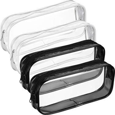 Imagem de Estojo de lápis para caneta com zíper de PVC transparente Tatuo, 4 peças, bolsa para lápis de grande capacidade (preto e branco)