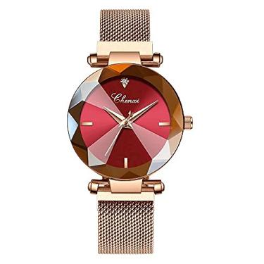 Imagem de Relógios femininos Fashion Shine Cristal Corte Espelho Relógio de Pulso Ouro Rosa Pulseira de Malha de Aço Inoxidável Impermeável Analógico Quartzo, Vermelho