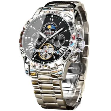 Imagem de FORSINING Relógio Masculino Mecânico, Relógio de Pulso Automático Moon Phase Tourbillon, Pulseira de Aço Inoxidável Luxuosa de 43 mm com Mostrador Grande com 3 Submostradores, Prateado, preto