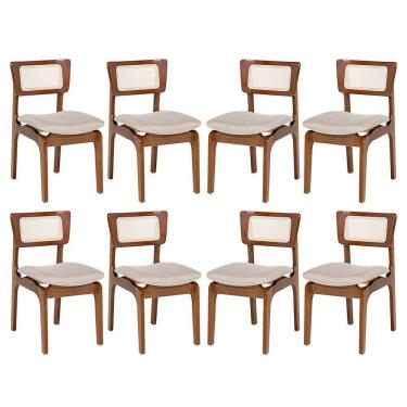 Imagem de Kit 8 Cadeiras De Jantar Portugal Em Madeira Imbuia Encosto Tela Rattan Linho Bege M58