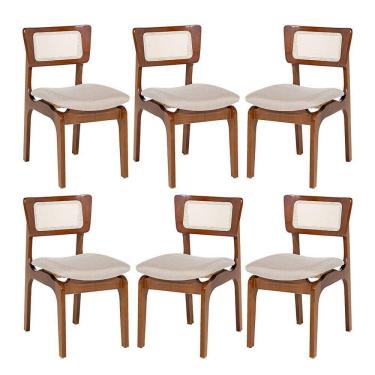 Imagem de Kit 6 Cadeiras De Jantar Portugal Em Madeira Imbuia Encosto Tela Rattan Linho Bege M58