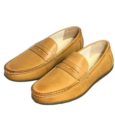Imagem de Tênis masculino British Fashion Mokasin ultraleve de couro genuíno sem salto para verão, mocassins costurados à mão, Marrom, 41