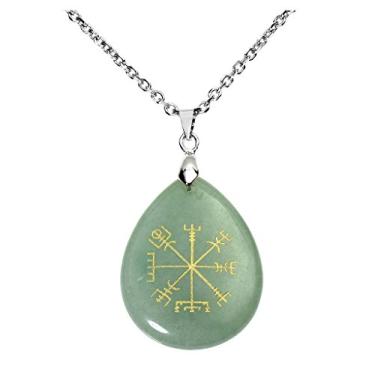 Imagem de Jovivi Bússola Viking banhada a prata Vegvisir colar de cristal com pedra de cura em gota e pingente de chacra 61 cm, 45-47mm x 24-25mm, Aço inoxidável, Aventurina verde, Sem Pedra Preciosa