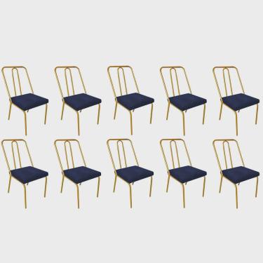 Imagem de Kit 10 Cadeira de Jantar Drika Office Escritório Recepção Ferro Dourado Suede Azul Mari...