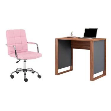 Imagem de Conjunto de Mesa Morada Amendola e Grafito com Cadeira de Escritório Secretária Giratória Fitz Rosa