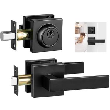Imagem de Velfree Conjunto de fechadura de porta frontal, conjunto de fechadura externa, maçaneta preta com fecho, maçaneta quadrada resistente com trava para porta da frente (preto fosco, conjunto de 1 unidade