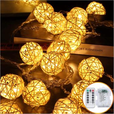 Imagem de Bateria Operada 20 Luzes de Corda led, 16,4 pés 20 Globe Rattan Balls Christmas Light com Controle Remoto & Temporizador, Luzes de Corda de Fada Inter