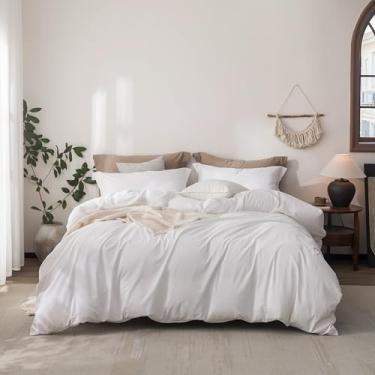 Imagem de Warm Moment Capa de edredom com sensação de linho tamanho king 264 cm x 228 cm, capa de edredom 100% algodão lavado com fecho de zíper e 2 fronhas, cor branca brilhante