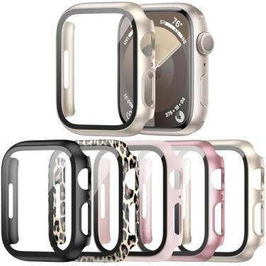 Imagem de Haojavo Pacote com 5 capas com protetor de tela de vidro temperado para Apple Watch séries 9, 8, 7 e 41 mm, capa protetora rígida ultrafina e resistente a arranhões para iWatch S9, S8, S7, 41 mm,