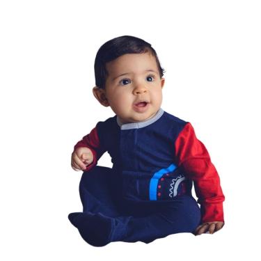 Imagem de Macacão Magnético Marinho, detalhes vermelho e cinza com estampa arco-íris - Recém nascido