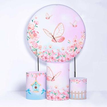 Imagem de Kit Painel de Festa Redondo de 1,80m e Trio de Cilindros Borboletas - Fera Print