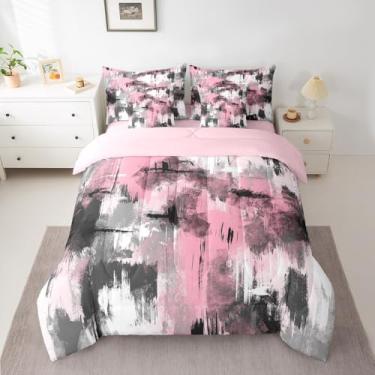 Imagem de jejeloiu Jogo de cama solteiro com edredom rosa e cinza, geométrico, abstrato, 7 peças, arte moderna, para todas as estações, respirável, macio, geométrico, decoração de quarto