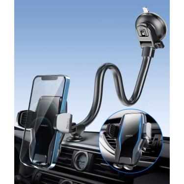 Imagem de Suporte de telefone de carro de pára-brisa para painel/ventosa/janela, suporte de telefone de 13 polegadas para painel de carro com almofada de gel super pegajosa, suporte de celular de caminhão para carro, compatível com capa grossa e grande telefone