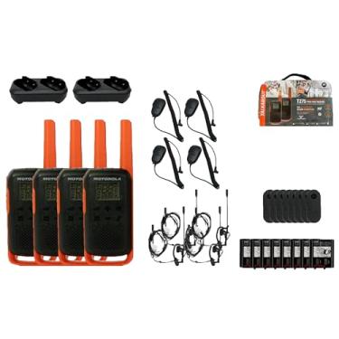 Imagem de Motorola Solutions Talkabout T275, pacote com 4 Walkie Talkies, rádios bidirecionais FRS, laranja/preto, 22 canais PTT, 4 bandejas de carregamento de microfones para alto-falantes
