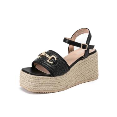 Imagem de Lryweisy Sandálias de plataforma femininas com alpargatas, confortáveis, com tira no tornozelo, sapatos elegantes de verão, Preto, 40