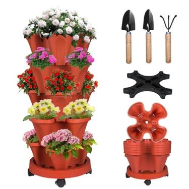 Imagem de Bociks Plantador vertical de morango, 5 camadas, torre, empilhável, plantadores de ervas, vasos de jardim, vaso externo com ferramentas de mudança para cultivo de flores, vegetais e suculentas