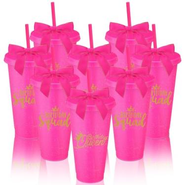 Imagem de Jingmore Conjunto de 8 copos de glitter para festa de aniversário de 680 g copos de plástico queen do esquadrão de aniversário com tampa canudo e laço torcido para decorações de festa de esquadrão