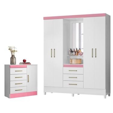 Imagem de Jogo De Quarto Roupeiro E Comoda Munique Branco Rosa