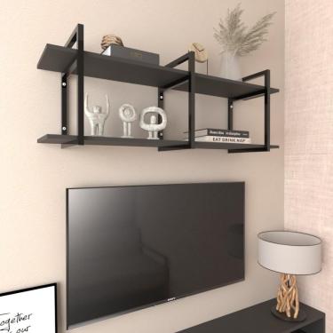 Imagem de Prateleira Industrial Sala Estar Estante Nicho Parede Ferro Madeira Suporte Preto
