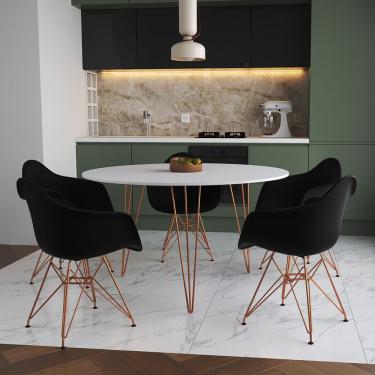 Imagem de Mesa Jantar Redonda 110Cm Branca Clips 3 Pés Com 5 Poltronas Pretas Base Cobre Marrom