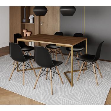 Imagem de Mesa Jantar Industrial Retangular 137X90Cm Amêndoa Base V Dourada Com 6 Cadeiras Eames Eiffel Madeir
