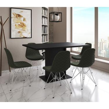 Imagem de Mesa Jantar Londres Retangular Preta 137X90Cm 6 Cadeiras Estofadas Verde Ferro Branco