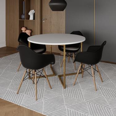Imagem de Mesa Jantar Industrial Redonda 110Cm Branca Base V Dourada Com 4 Poltronas Daw Madeira Cor: Branco