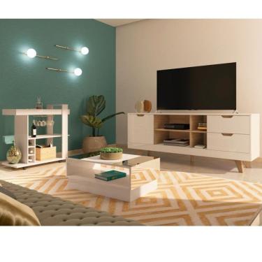 Imagem de Conjunto Sala De Estar Rack Para Tv Até 60 Pol Com Mesa De Centro Com Espelho E Bar Móvel Espelhado Branco