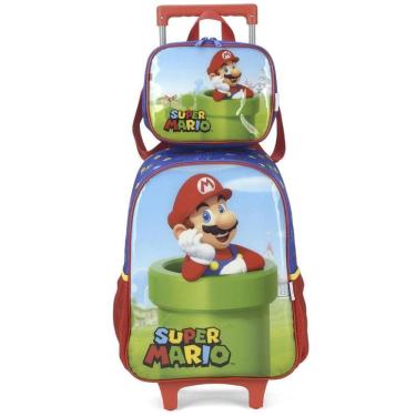 Imagem de Kit Mochila Rodinha Lancheira Inantil Escolar Menino Super Mario Bros Cano Vermelho