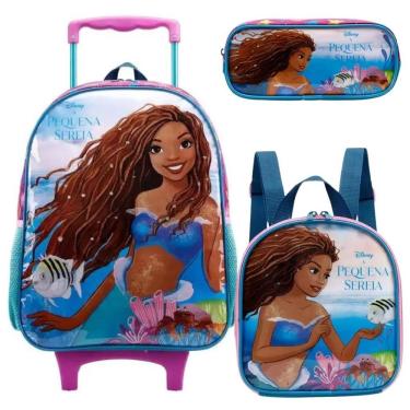 Imagem de Kit Mochila Rodinha Lancheira Estojo Infantil Menina Escolar Pequena Sereia Morena Xeryus