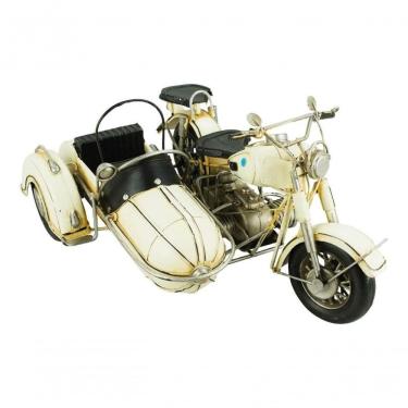 Imagem de Motocicleta Branca Sidecar 18x25x35cm Estilo Retrô Vintage