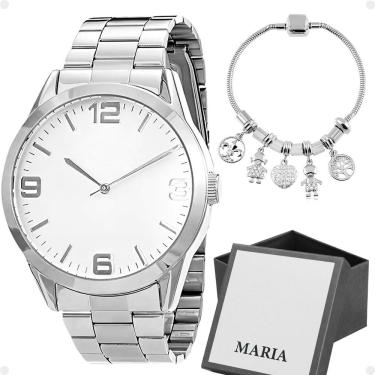 Imagem de Relogio Feminino Aço Inox Prata + Caixa + Pulseira Pandora