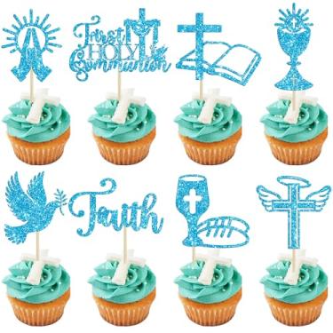 Imagem de Ephlyn 32Pcs First Holy Communion Cupcake Toppers Glitter Dove God Bless Cross Cupcake Picks for First Communion Baby Shower Baptism Theme Party Cake Decorations Blue