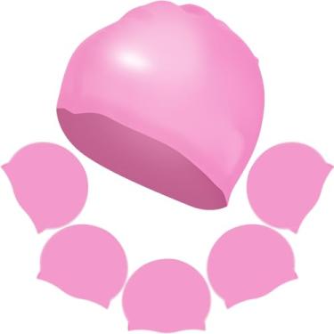 Imagem de Syhood 6 peças de touca de natação unissex de silicone para adultos, impermeável, antiderrapante, boné de silicone elástico para cabelos longos e curtos (rosa)