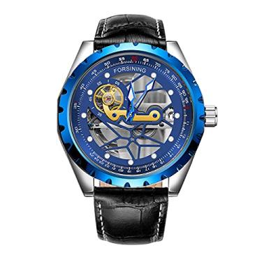 Imagem de FORSINING Relógio de pulso masculino de luxo mecânico grande 48 mm esqueleto transparente à prova d'água automático analógico, Azul, Moda casual