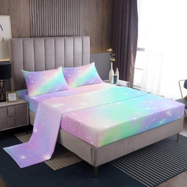 Imagem de Erosebridal Lençol De Cama Com Elástico Ombre Rainbow King Size Golden Stars Para Meninas, Conjunto Tie-Dye Rosa, Roxo, Azul, Princesa, Liso, Colorido, Pastel, Arte, Decoração Quarto, Macio E Leve,