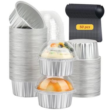 Imagem de Forros de cupcake com tampas de cúpula, pacote com 50, forros de alumínio de 142 g, porta-muffin, sobremesa, pudim, ramekin para padaria individual, festa de aniversário de casamento, com 50 colheres - prata