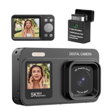 Imagem de Câmera digital de tela dupla 5K atualizada, câmera fotográfica Vlog de 80 MP para YouTube, campus, viagens, câmera compacta de apontar e fotografar para adolescentes e iniciantes com foco automático