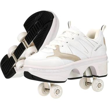 Imagem de Sapatos com rodas – sapatos de patins para meninas, crianças, mulheres, homens e adultos | Sapatos retráteis de patins altos que se destacam em patins de tênis - branco, 39
