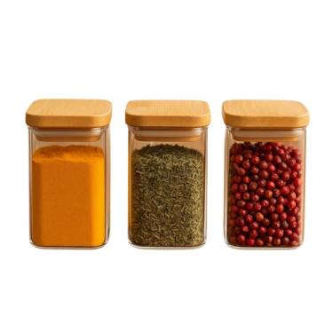 Imagem de Kit 3 Potes Herméticos 550ML Tampa Bambu Vidro Alimentos Tempero Mantimentos