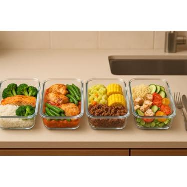 Imagem de KIT 4 Potes Vidros Retangulares Herméticos Marmitas Mantimentos 4 Travas 330 ML