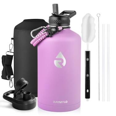 Imagem de Garrafa térmica para água RAYMYLO, aço inoxidável com parede tripla isolada a vácuo (fria por 48 h), jarra grande à prova de vazamento, sem BPA, alça de paracord, tampas de bico e canudo, 3,8 L